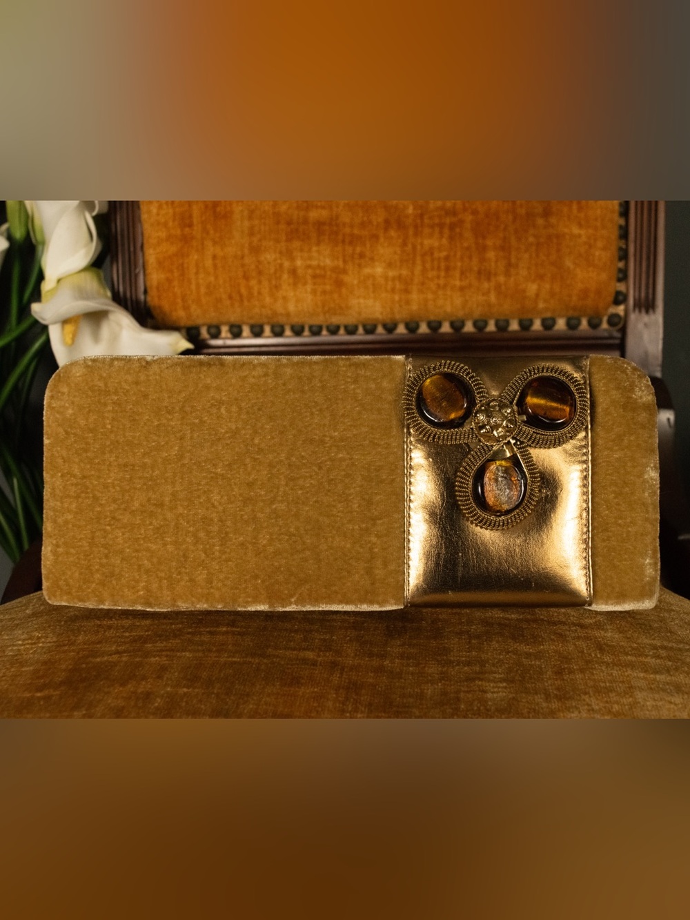 Velvet Gold Embellished Women's Clutch Bag